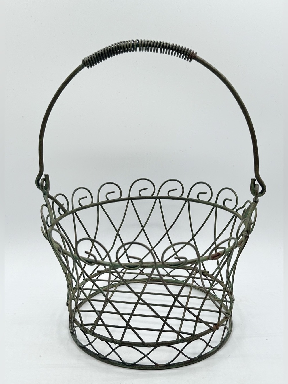 Vintage 90s Metal Handle Basket Decorative Green 12"